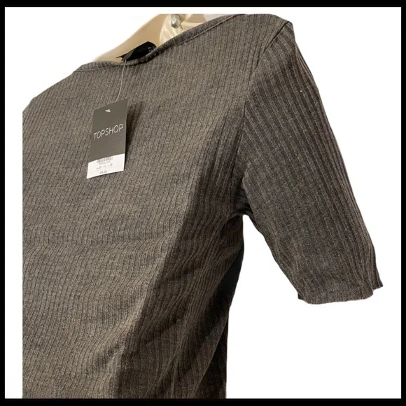 TOPSHOP NWT SLASH RIBBED CROP TEE GREY SZ 6 - Picture 12 of 14